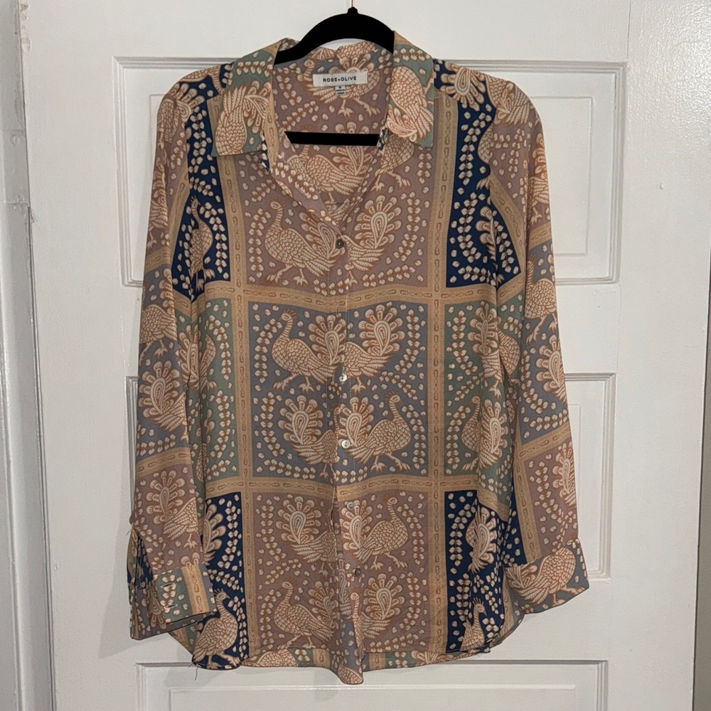 Rose & Olive Beige and Navy Patterned Button-Down Shirt